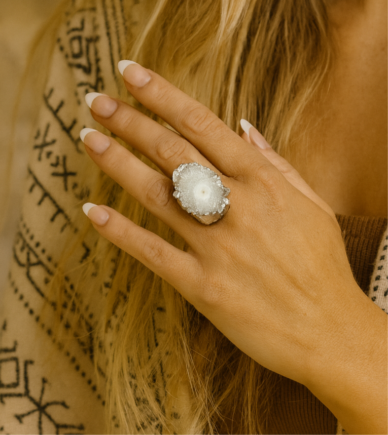 Boho & Mala White Solar Quartz Crystal Stone Statement Silver Plated Ring