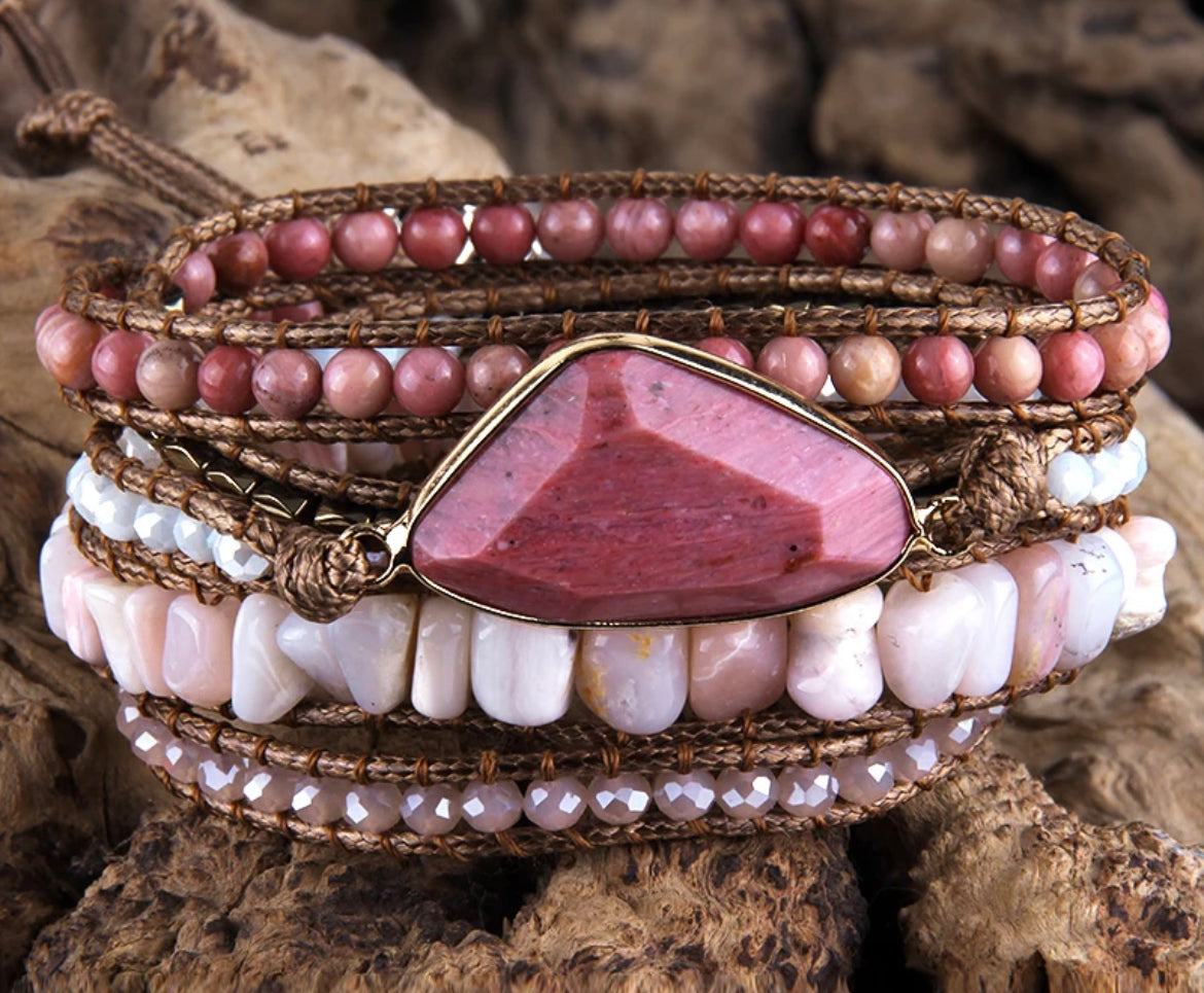 Boho & Mala Pink Stone 5 Wrap Bracelet WSB1002