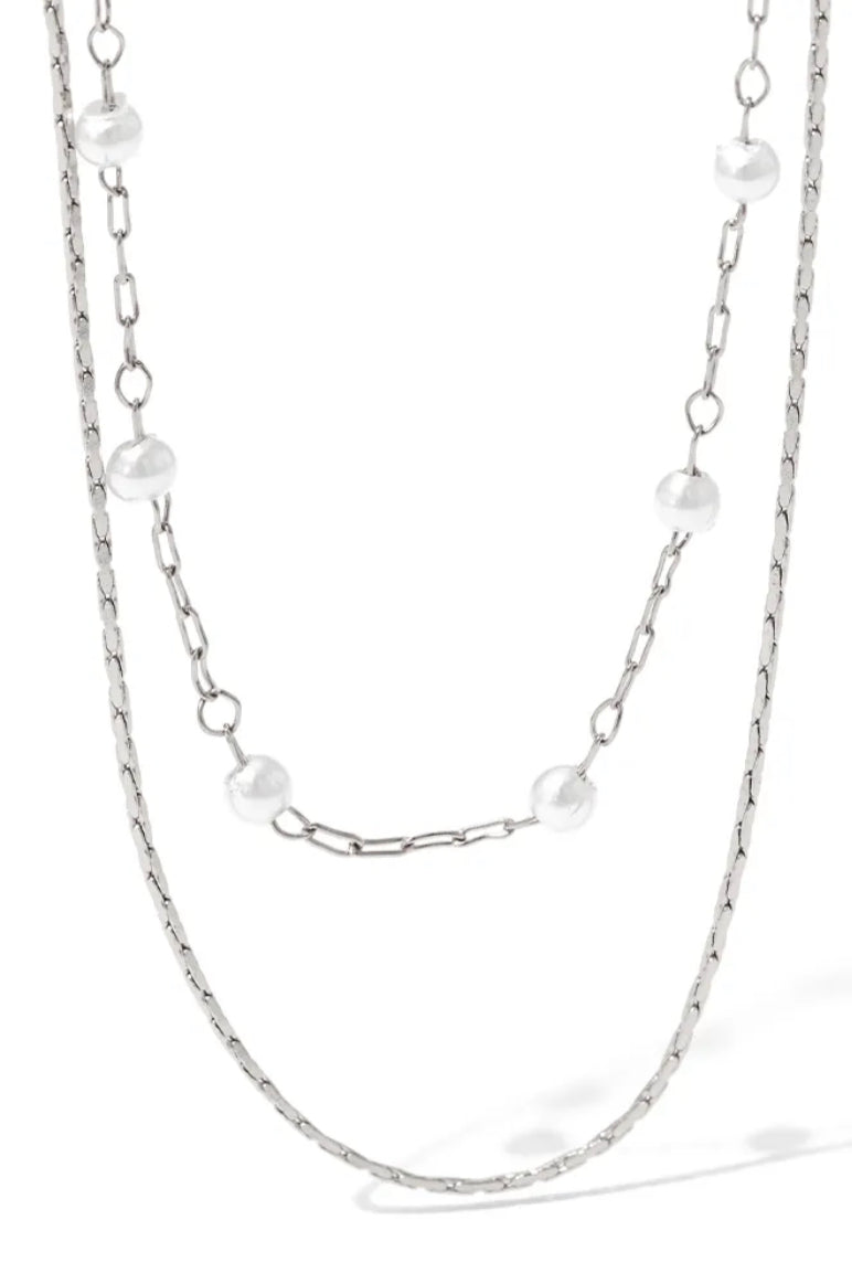 Boho & Mala Double Pearl Layered Stainless Steel Necklace