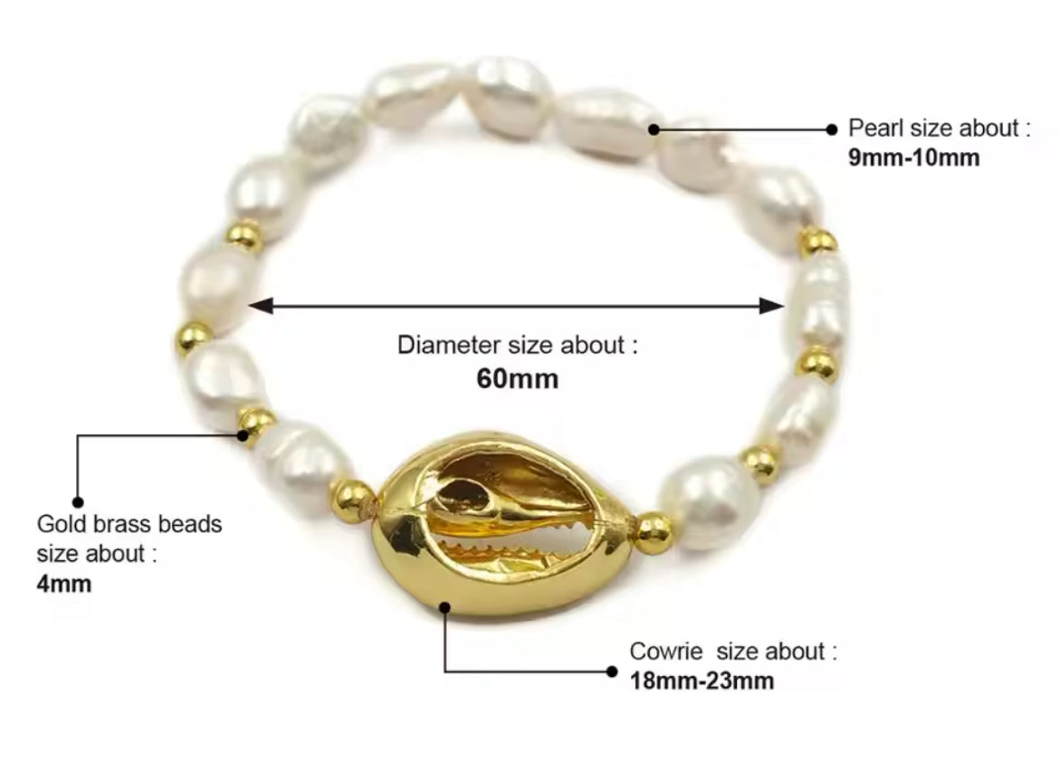 Free Spirit Boho Shell Freshwater Pearl Brass & Gold Cuff Bracelet