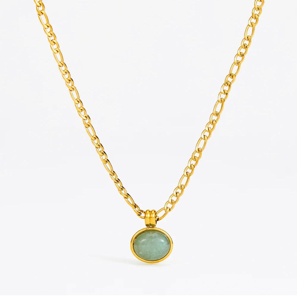 Boho & Mala Green Stone Stainless Steel/18k Gold Plated Pendant Necklace