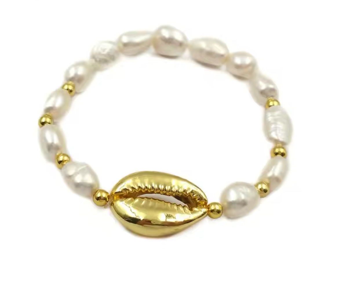 Free Spirit Boho Shell Freshwater Pearl Brass & Gold Cuff Bracelet
