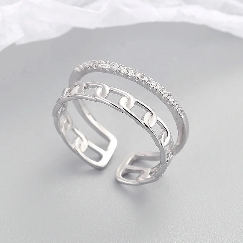 Boho & Mala Double Chain Sterling Silver Ring (adjustable)