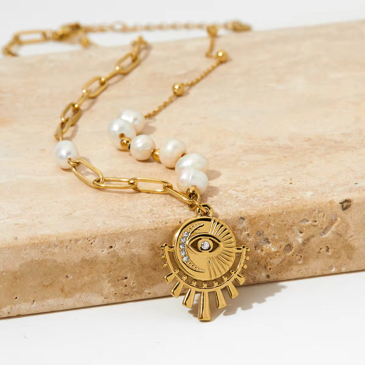 Eye And Pearl Necklace Beach Australian Owned Boho And Mala Gold Plated Under Stainless Steel Statement Necklace Waterproof Tarnish-Free Earrings Everyday Boho Jewellery