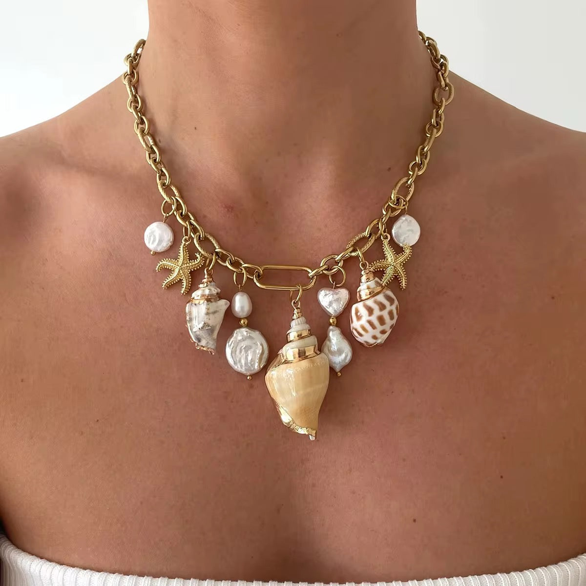 Shell And Pearl Charm Pendant Beach Australian Owned Boho And Mala Gold Plated Under Stainless Steel Statement Necklace Waterproof Tarnish-Free Earrings Everyday Boho Jewellery