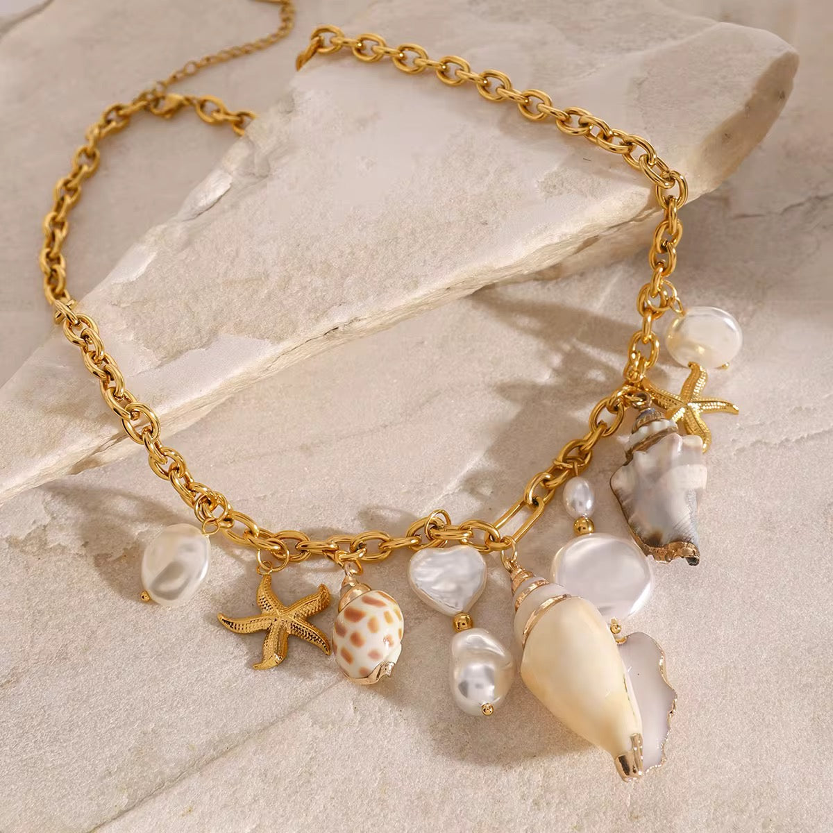Shell And Pearl Charm Pendant Beach Australian Owned Boho And Mala Gold Plated Under Stainless Steel Statement Necklace Waterproof Tarnish-Free Earrings Everyday Boho Jewellery