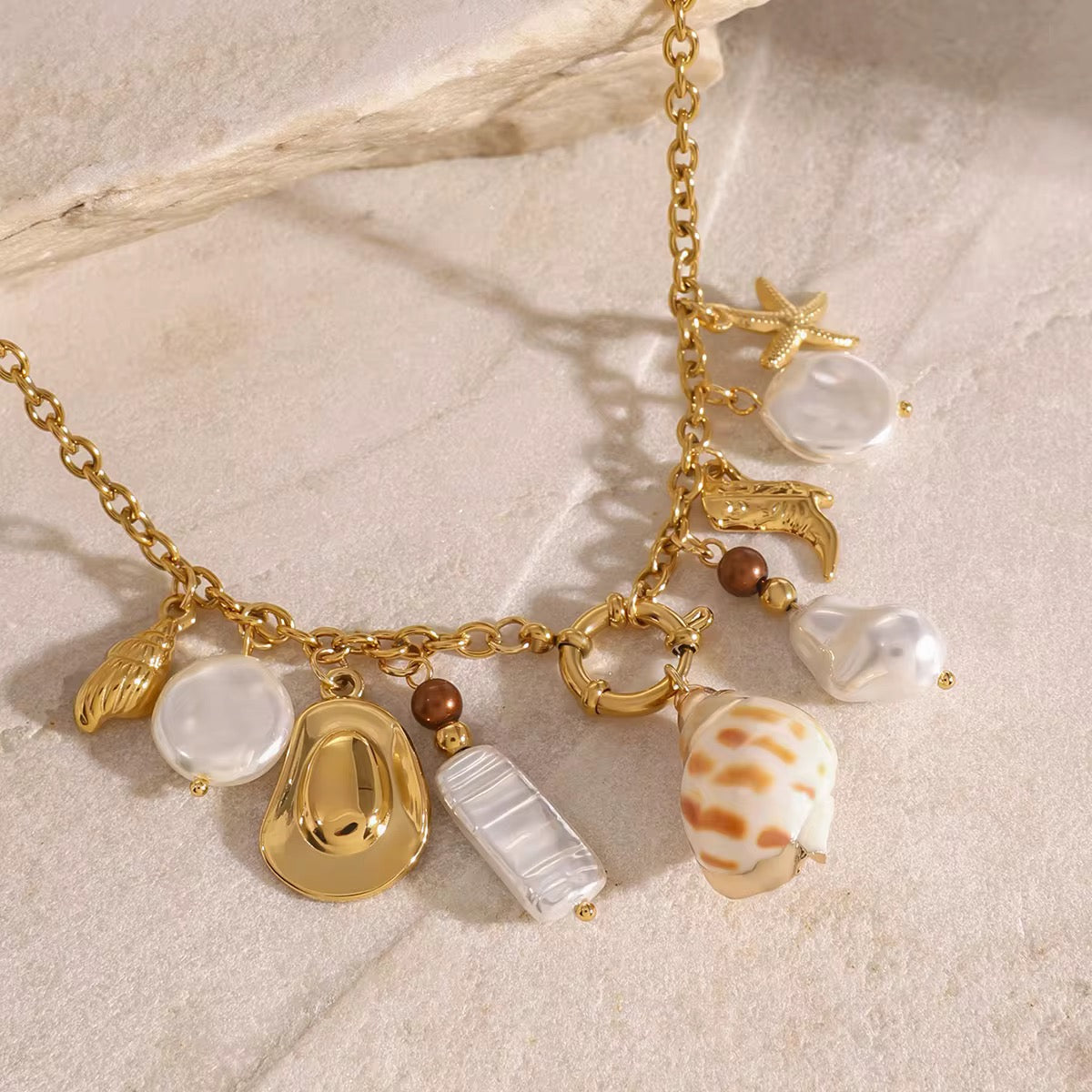 Shell And Pearl Charm Pendant Beach Australian Owned Boho And Mala Gold Plated Under Stainless Steel Statement Necklace Waterproof Tarnish-Free Earrings Everyday Boho Jewellery