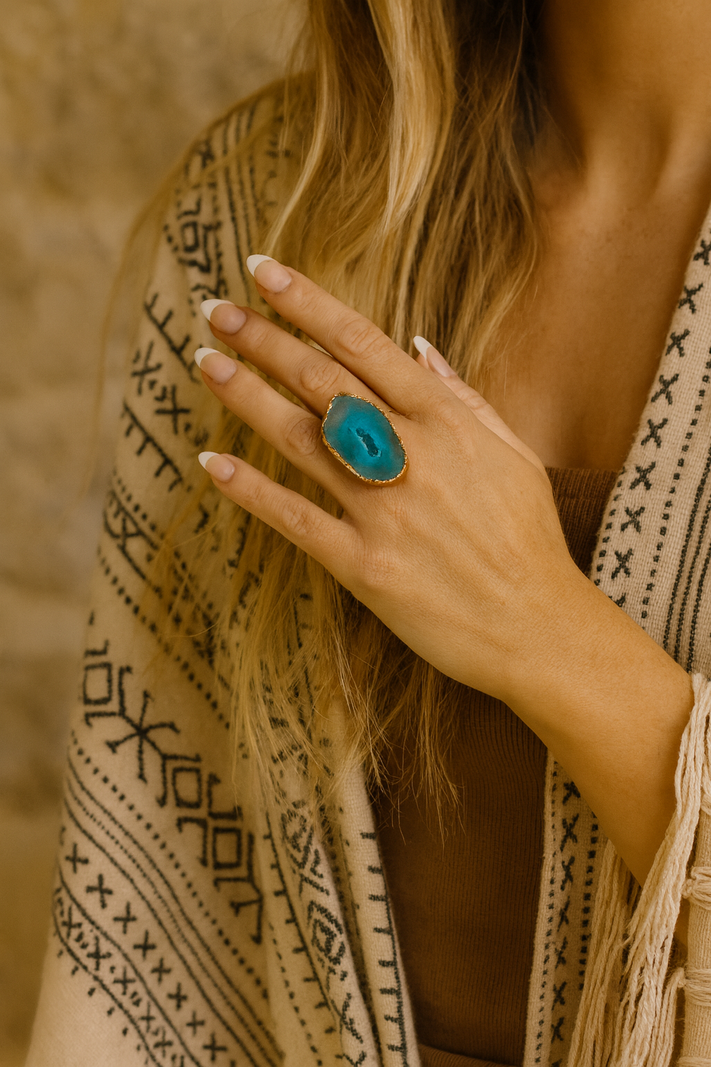Boho & Mala Natural Blue Agate Statement Gold Plated Ring