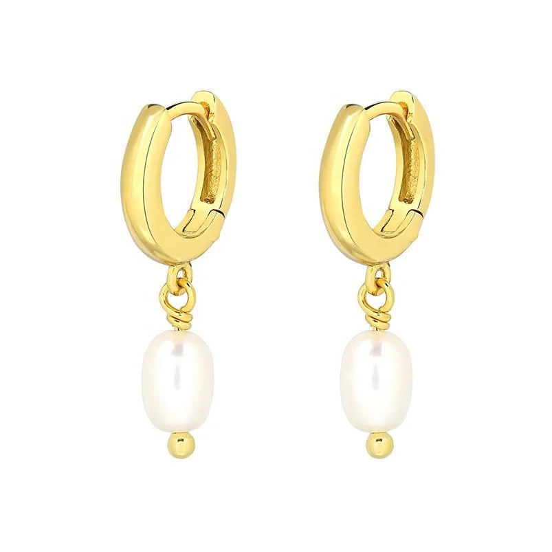 Boho & Mala Freshwater Pearl Huggie 18k Gold Plated Hoop Earrings