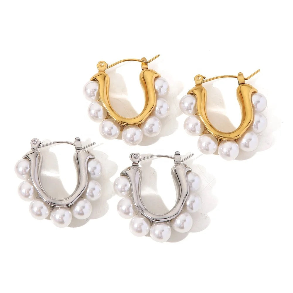 Australian Owned Boho And Mala Gold Plated Under Stainless Steel Statement Pearl Hoop Waterproof Tarnish-Free Earrings Boho Jewellery