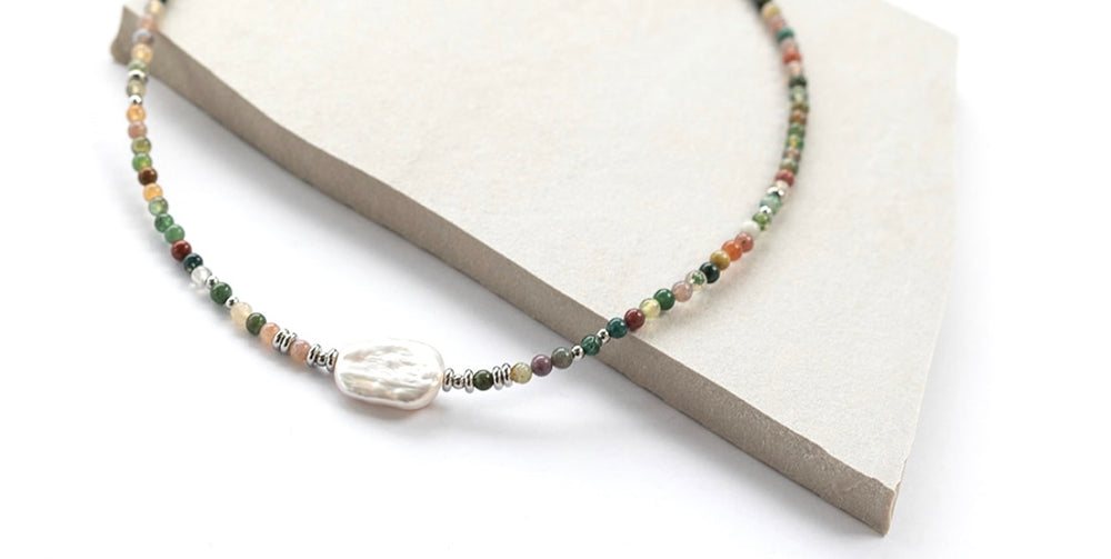 Boho & Mala Silver Freshwater Pearl/Green Stone Necklace