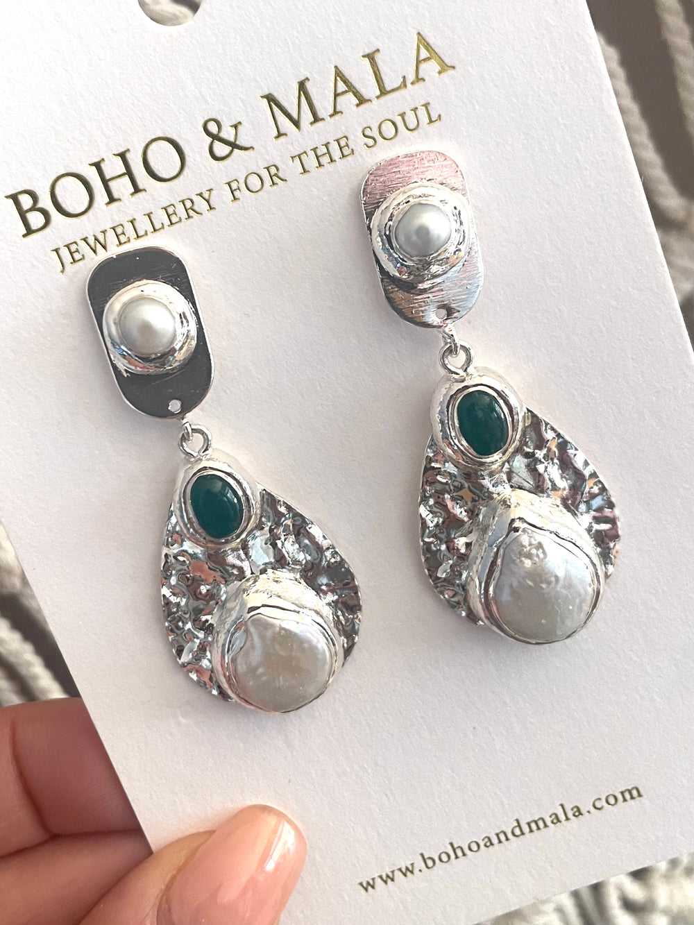 Boho & Mala Freshwater Pearl & Stone Silver Plated Earrings