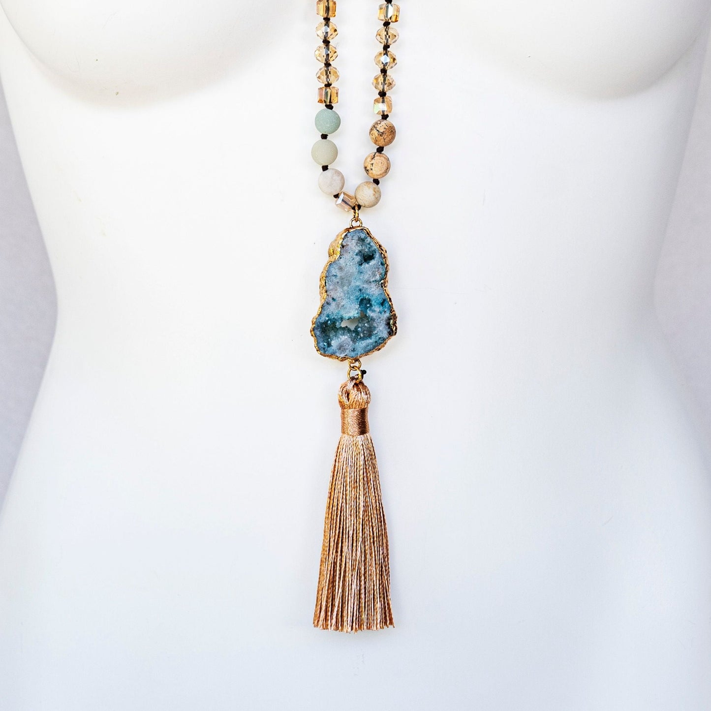 Boho & Mala Tribal Agate Slice Tassel Necklace (Beige) TN10047