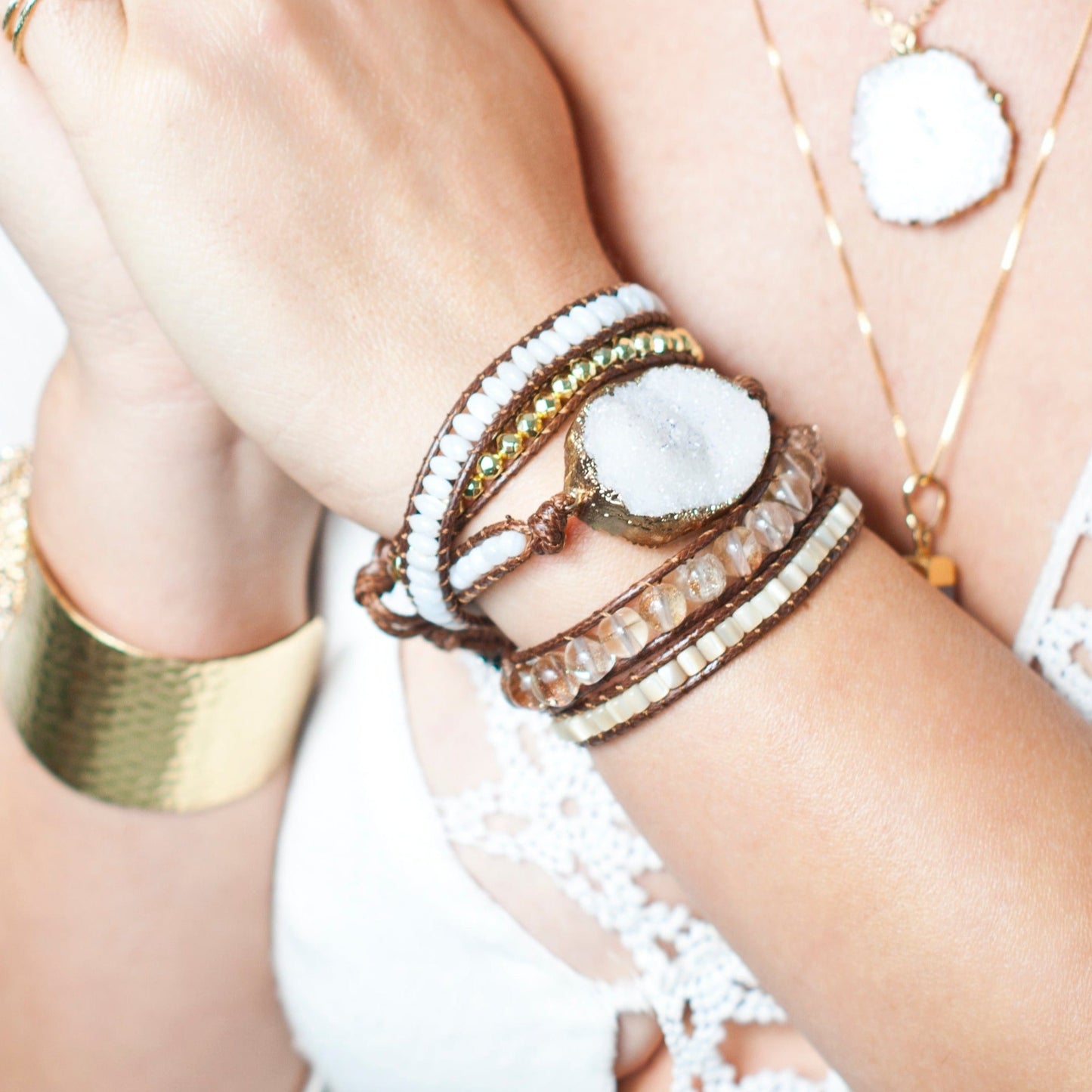Wrap Bracelets - White Druzy Agate Stone | Boho & Mala