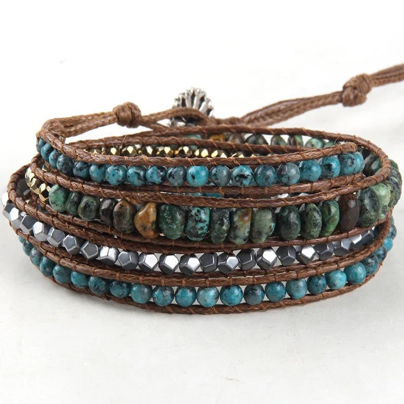 Boho & Mala Green Stone 4 Wrap Bracelet