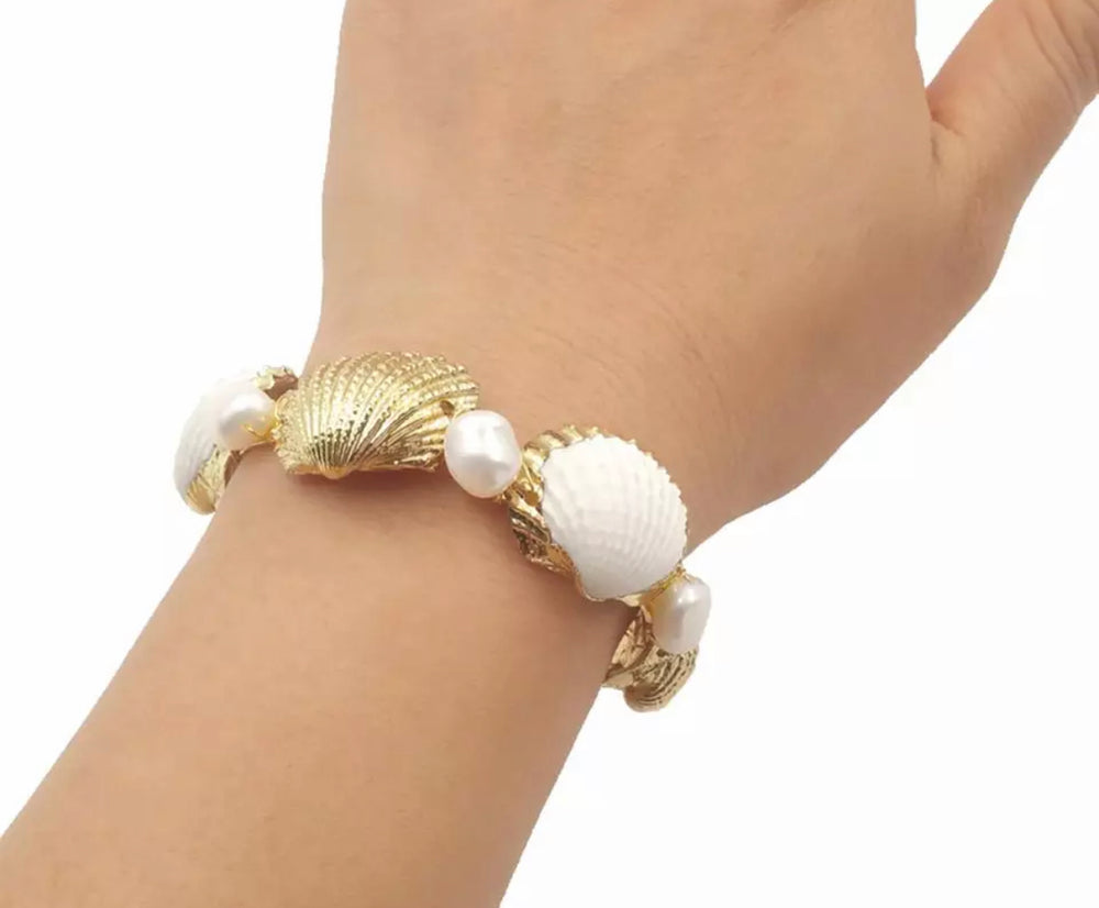 Boho & Mala Shell & Pearl Gold Cuff Bracelet