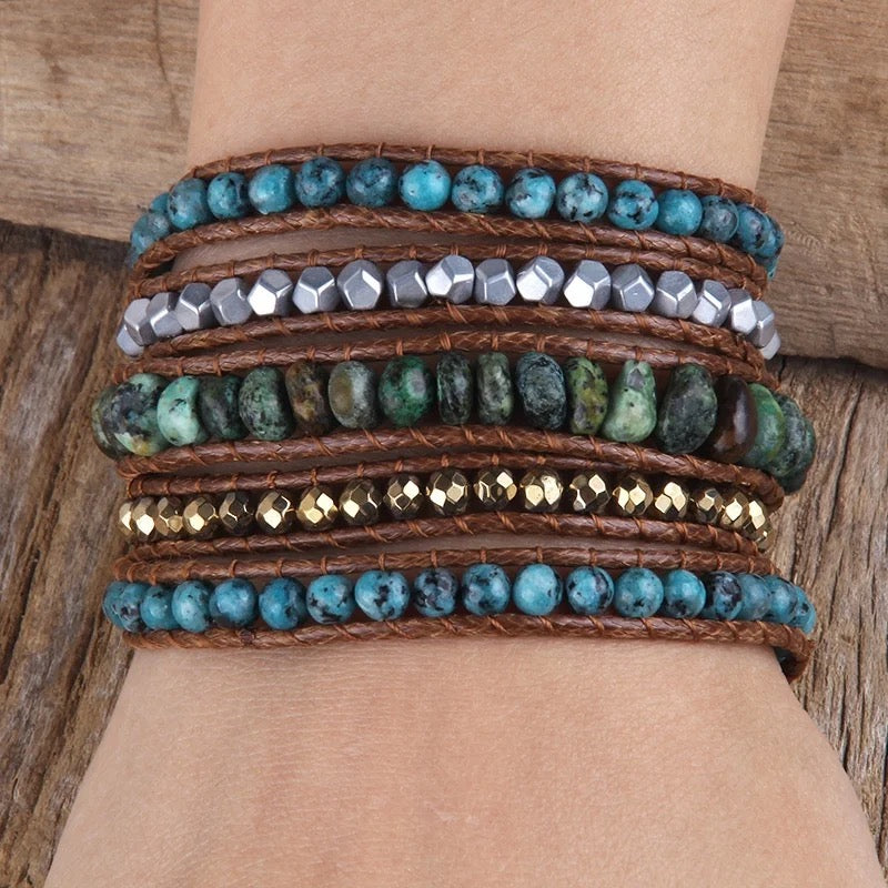 Boho & Mala Green Stone 4 Wrap Bracelet
