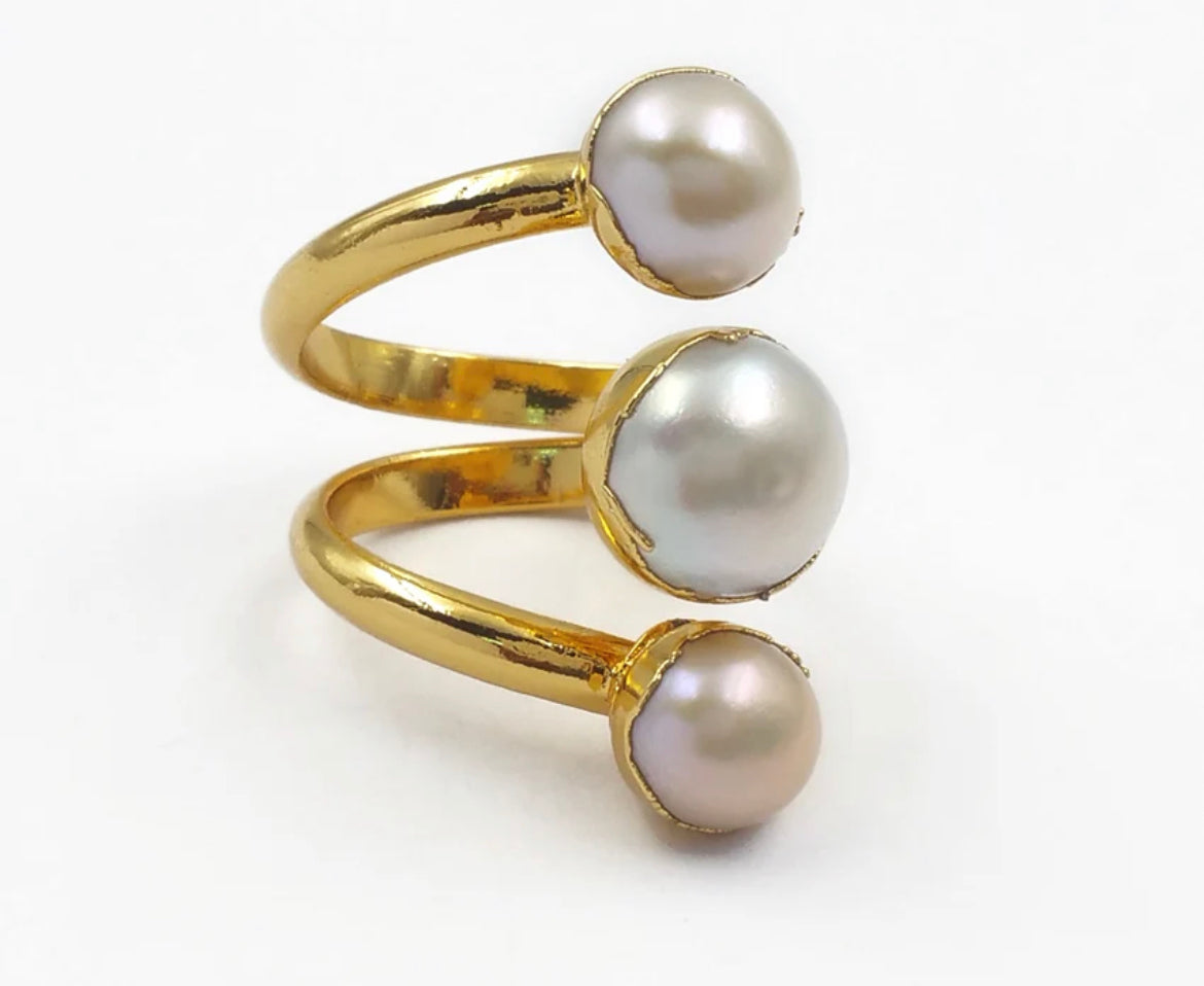 Boho & Mala Triple Freshwater Pearl Wrap Gold Ring (adjustable) R1062