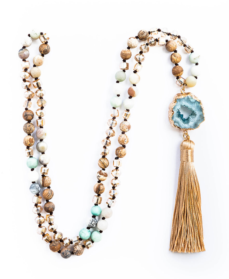 Boho & Mala Tribal Agate Slice Tassel Necklace (Beige) TN10047