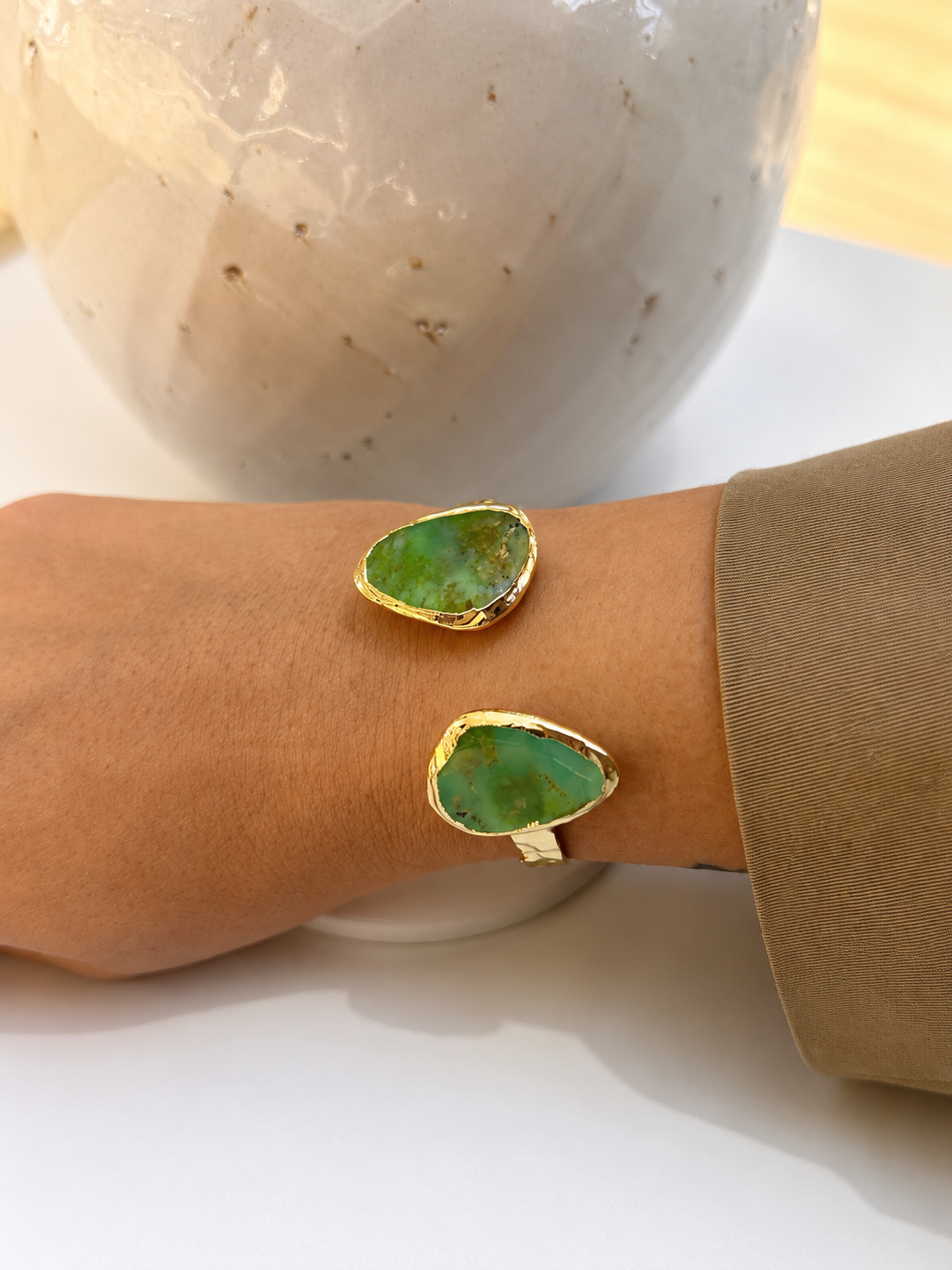 
                  
                    Vedara Boho Brass & Gold Chrysoprase Statement Cuff Bracelet
                  
                