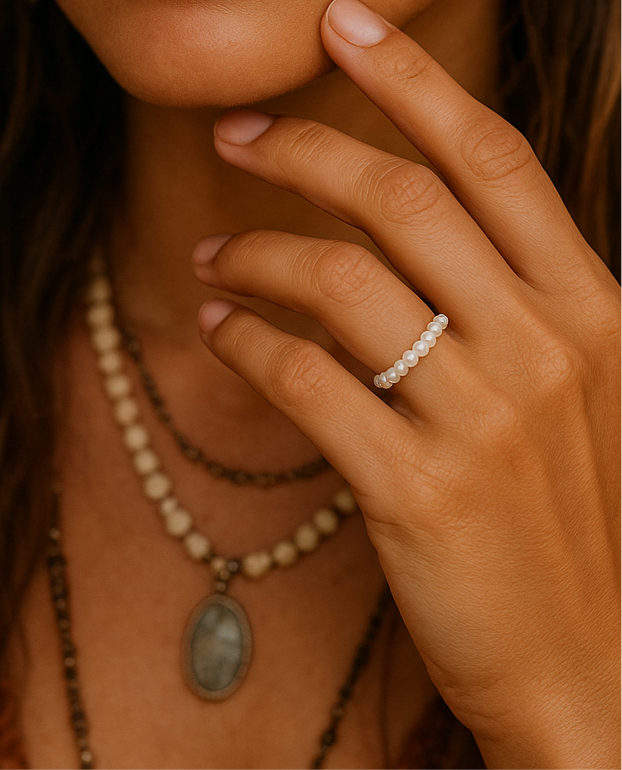 Boho & Mala Beaded Pearl Sterling Silver Ring R1078