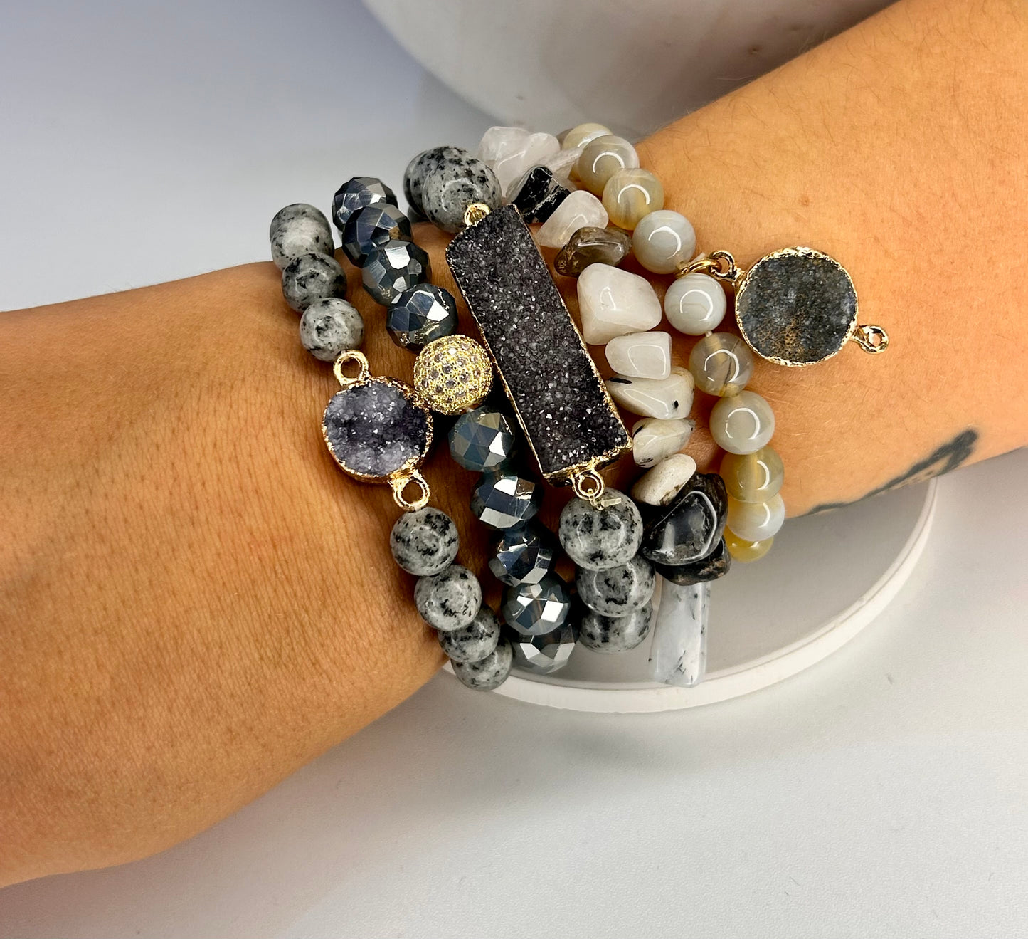 
                  
                    Midnight Moon Stone Mix Elastic Bracelet Stackable Set
                  
                