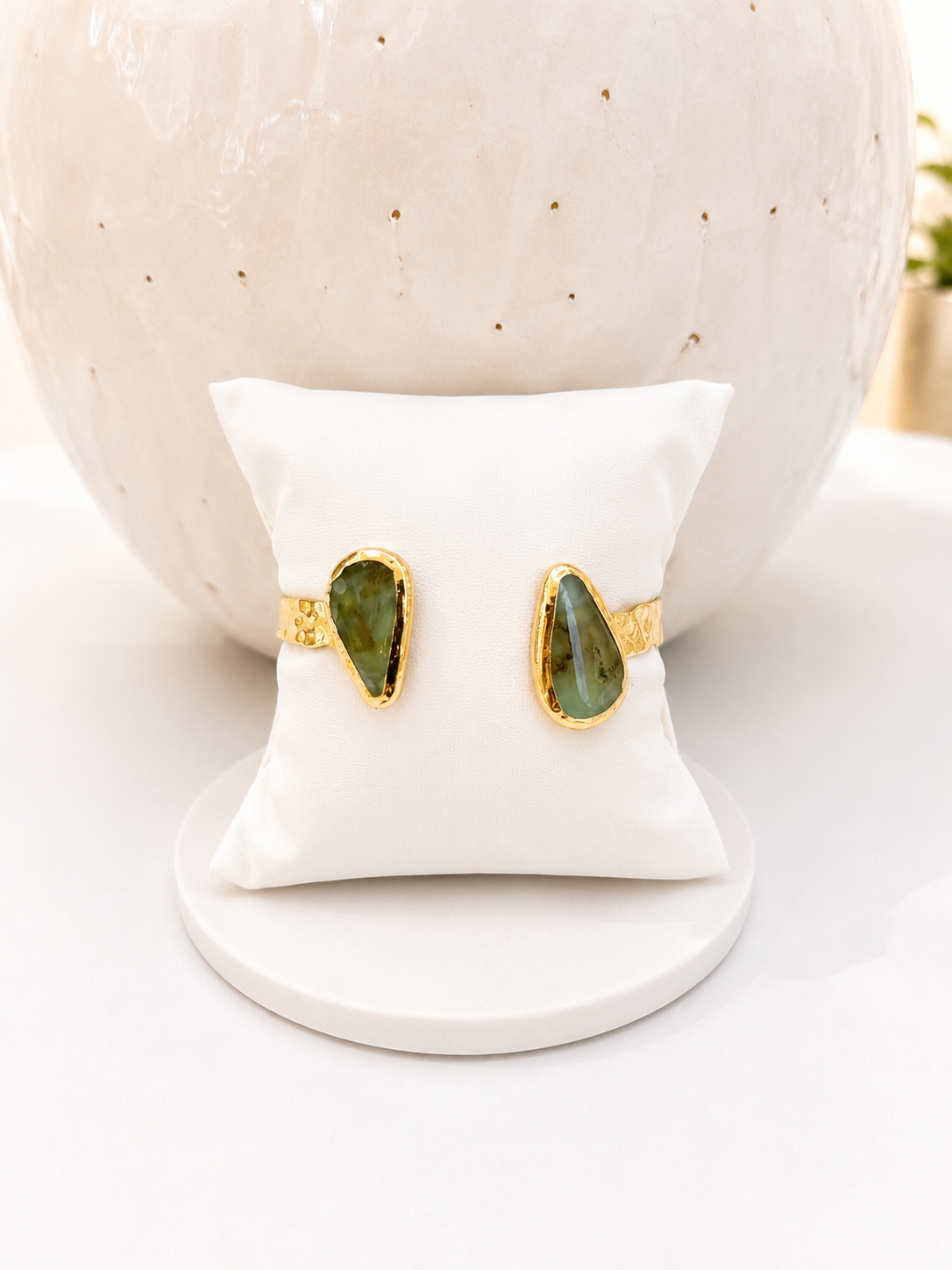 
                  
                    Mini Vedara Boho Brass & Gold Chrysoprase Statement Cuff Bracelet
                  
                