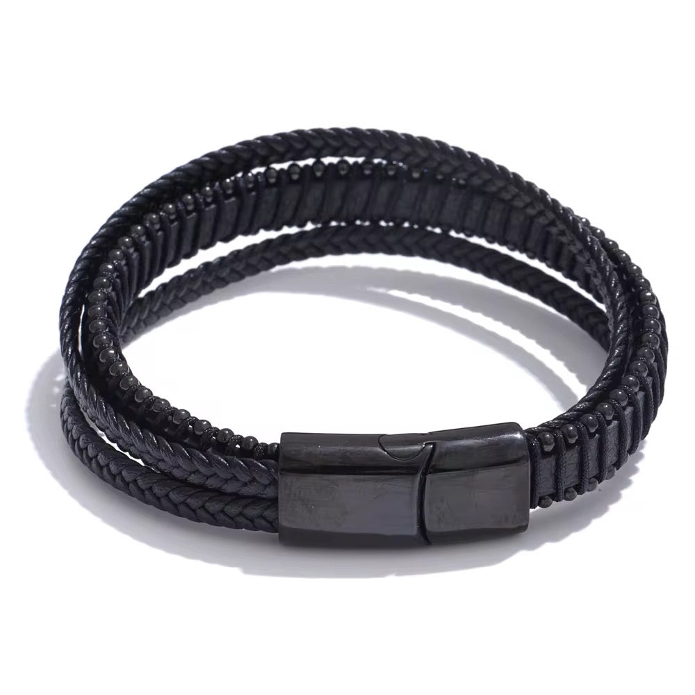 Men’s Black PU Leather & Stainless-Steel Bracelet 22cm