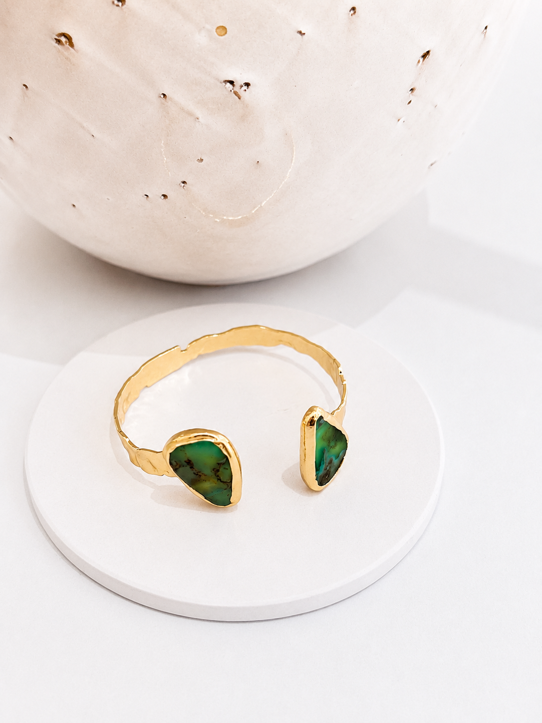 
                  
                    Mini Vedara Boho Brass & Gold Chrysoprase Statement Cuff Bracelet
                  
                