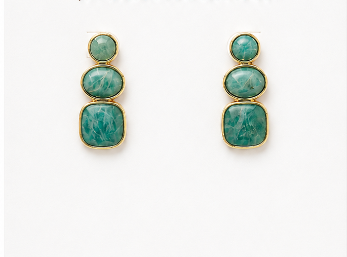 A pair of gold drop earrings featuring three stacked oval and rectangular amazonite stone with a marbled pattern, set against a plain white background.