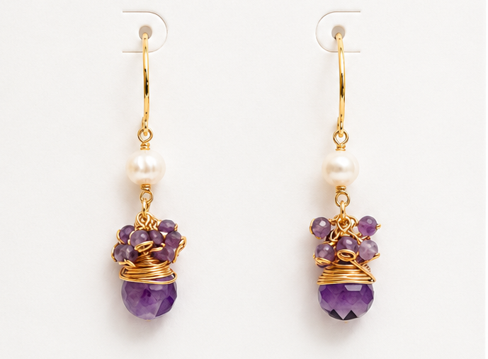 Amethyst earrings on a BOHO & MALA branded card with a white background
