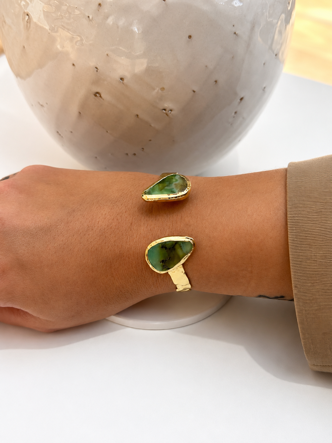 
                  
                    Mini Vedara Boho Brass & Gold Chrysoprase Statement Cuff Bracelet
                  
                