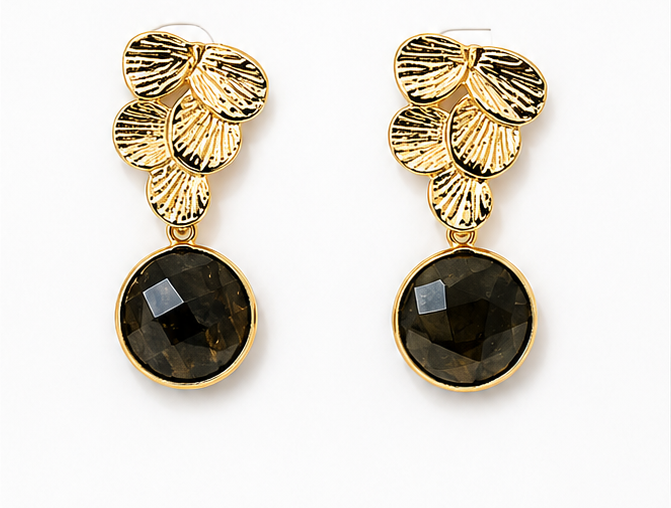 Gold and black earrings on a BOHO & MALA branded card.