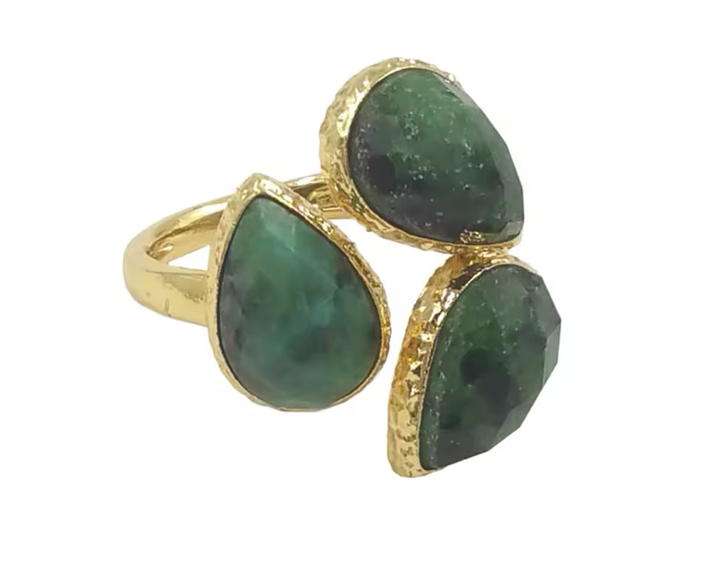 Boho & Mala Natural Green Stone Gold Ring (adjustable)