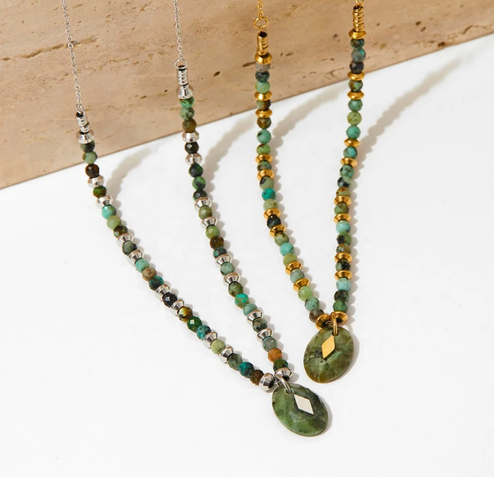 
                  
                    Boho & Mala Green Stone Stainless Steel/18k Gold Plated Pendant Necklace
                  
                