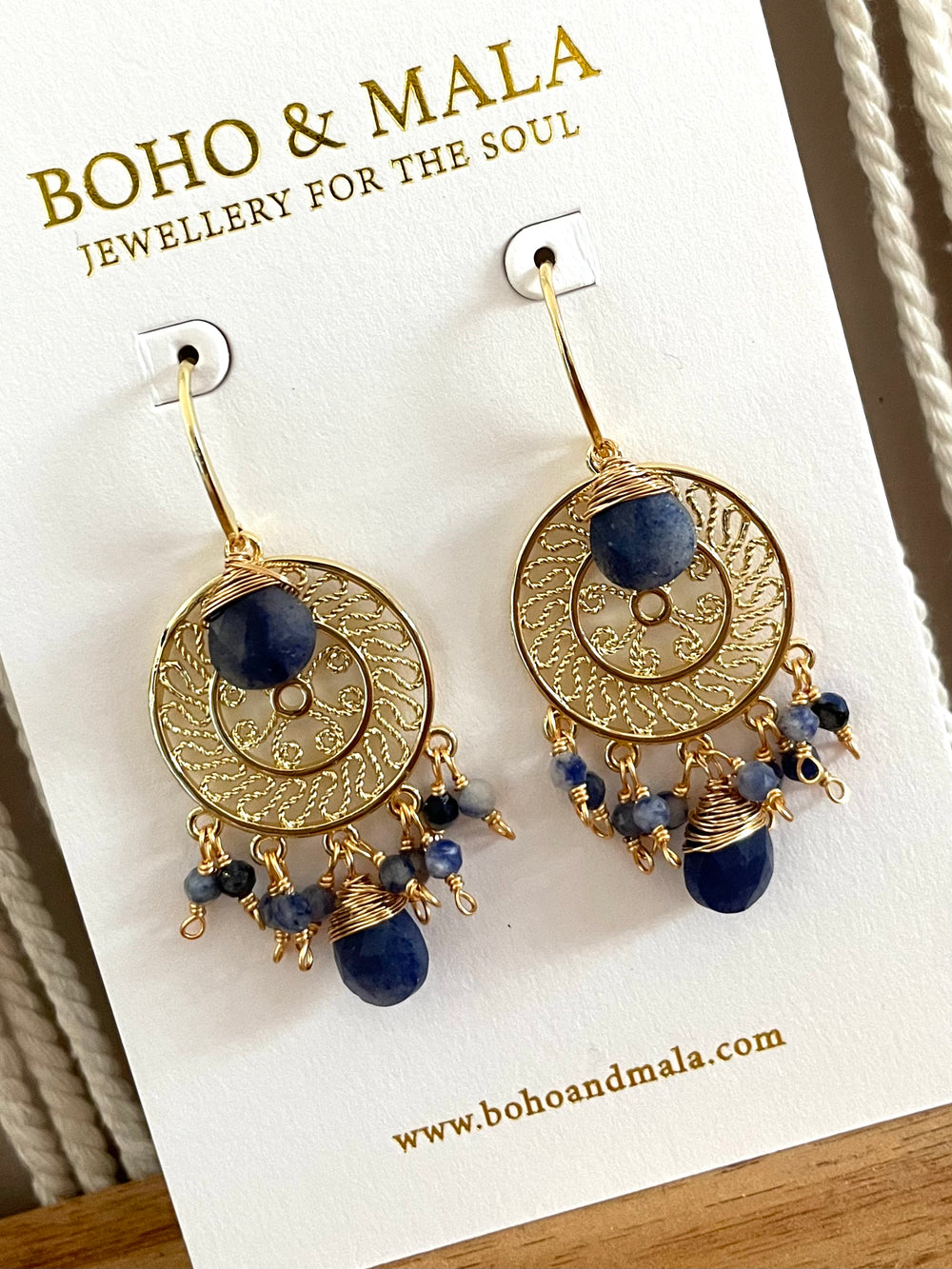 Boho & Mala Dark Blue Natural Stone Dreamcatcher Gold Plated Drop Earrings