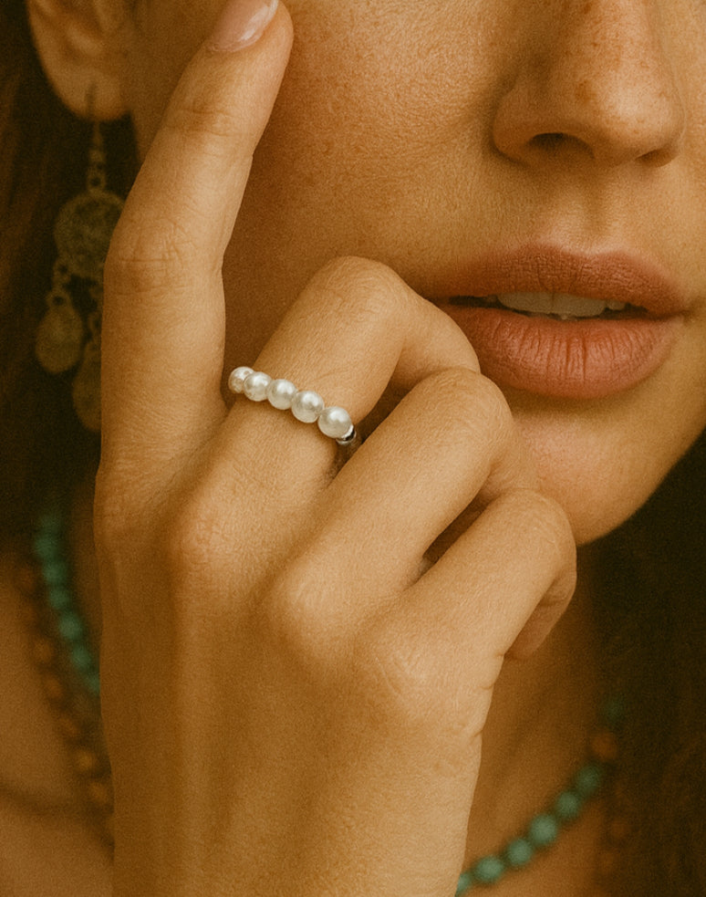 Boho & Mala Beaded Pearl Sterling Silver Ring R1010