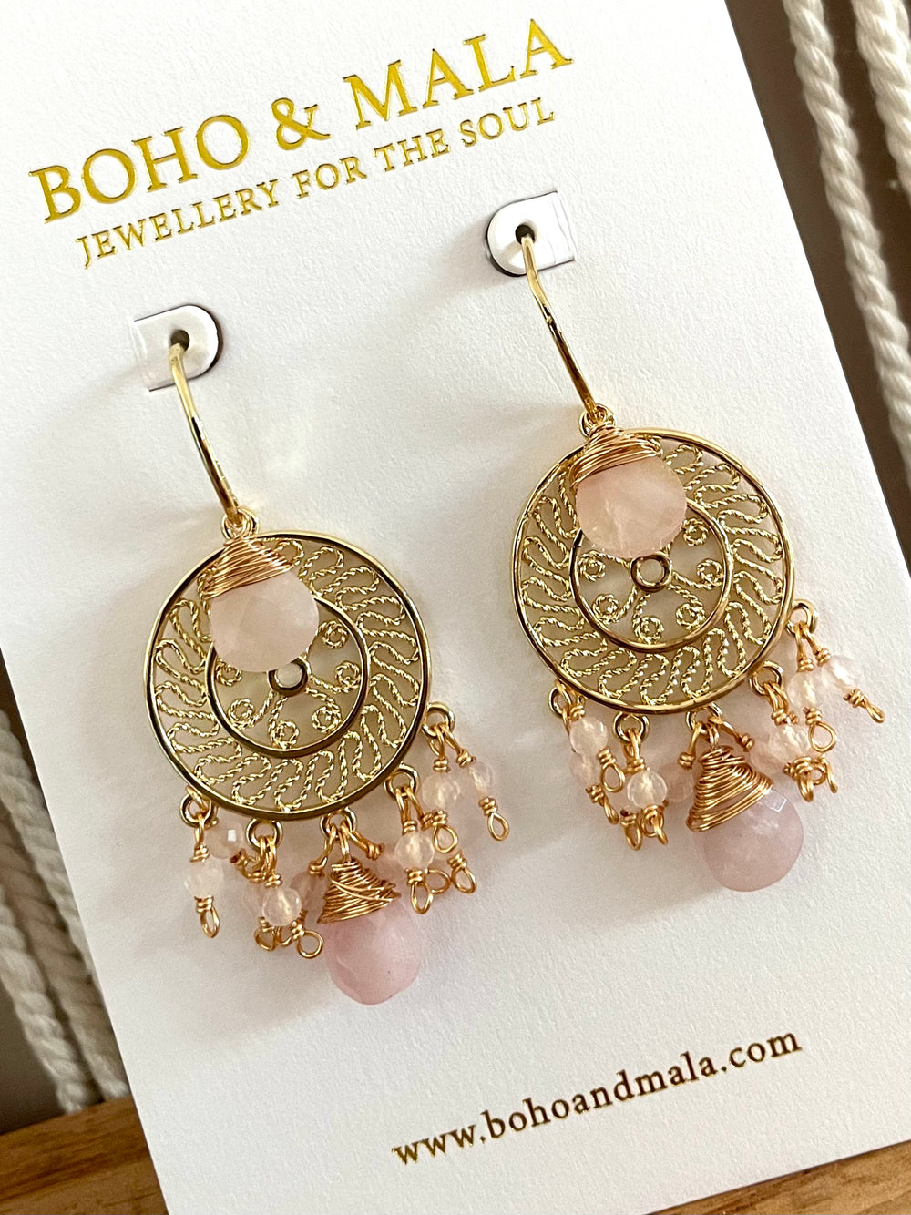 Boho & Mala Pink Natural Stone Dreamcatcher Gold Plated Drop Earrings