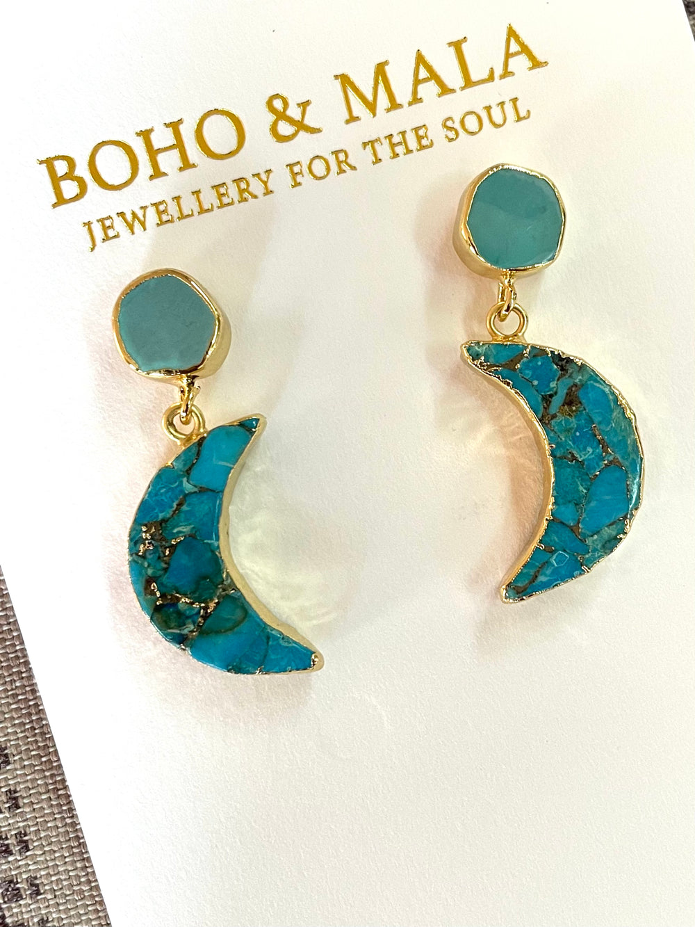 Boho & Mala Natural Stone Moon Gold Plated Drop Earrings