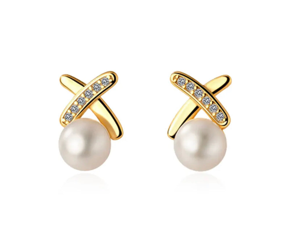 Boho & Mala Pearl Cross 18k Gold Plated Stud Earrings