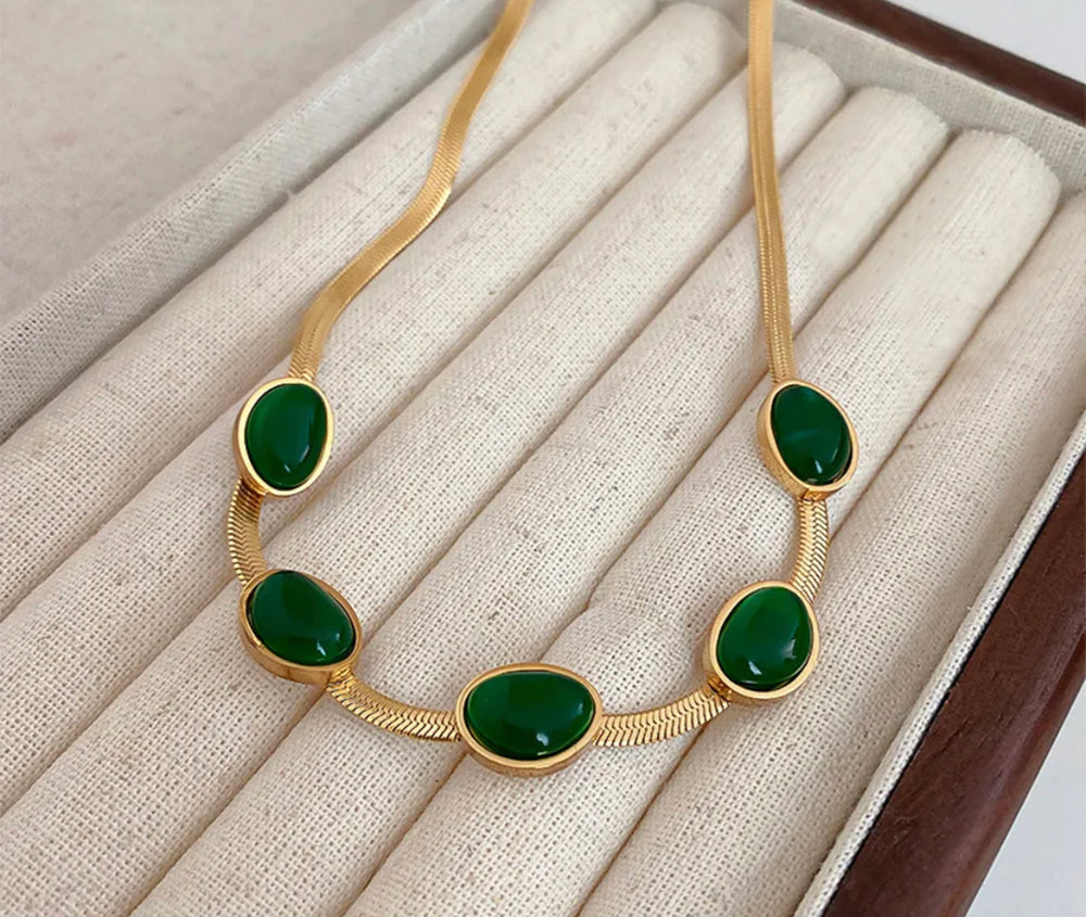 Boho & Mala Green Stone Stainless Steel/18k Gold Plated Pendant Necklace