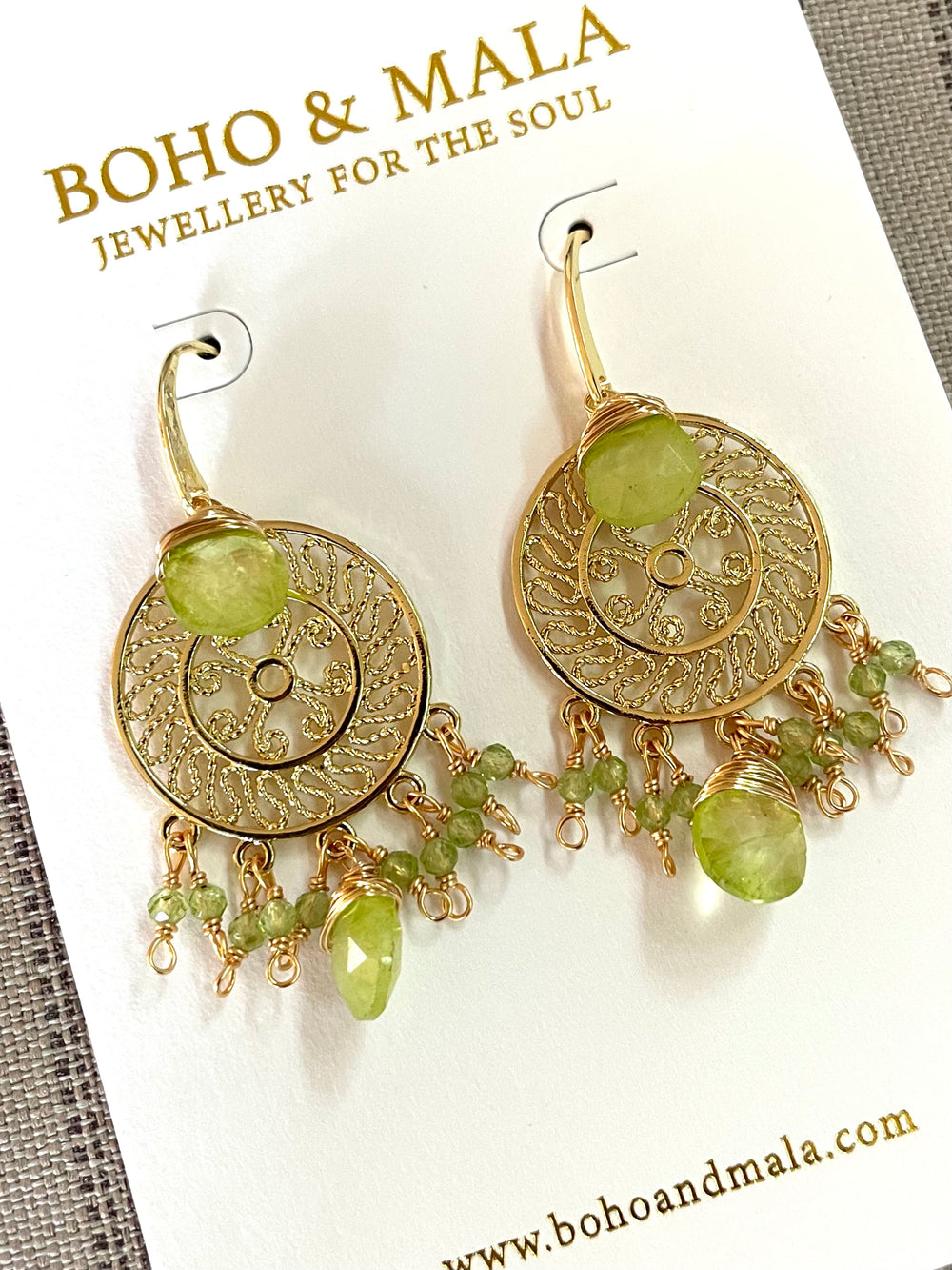 Boho & Mala Bright Green Natural Stone Dreamcatcher Gold Plated Drop Earrings