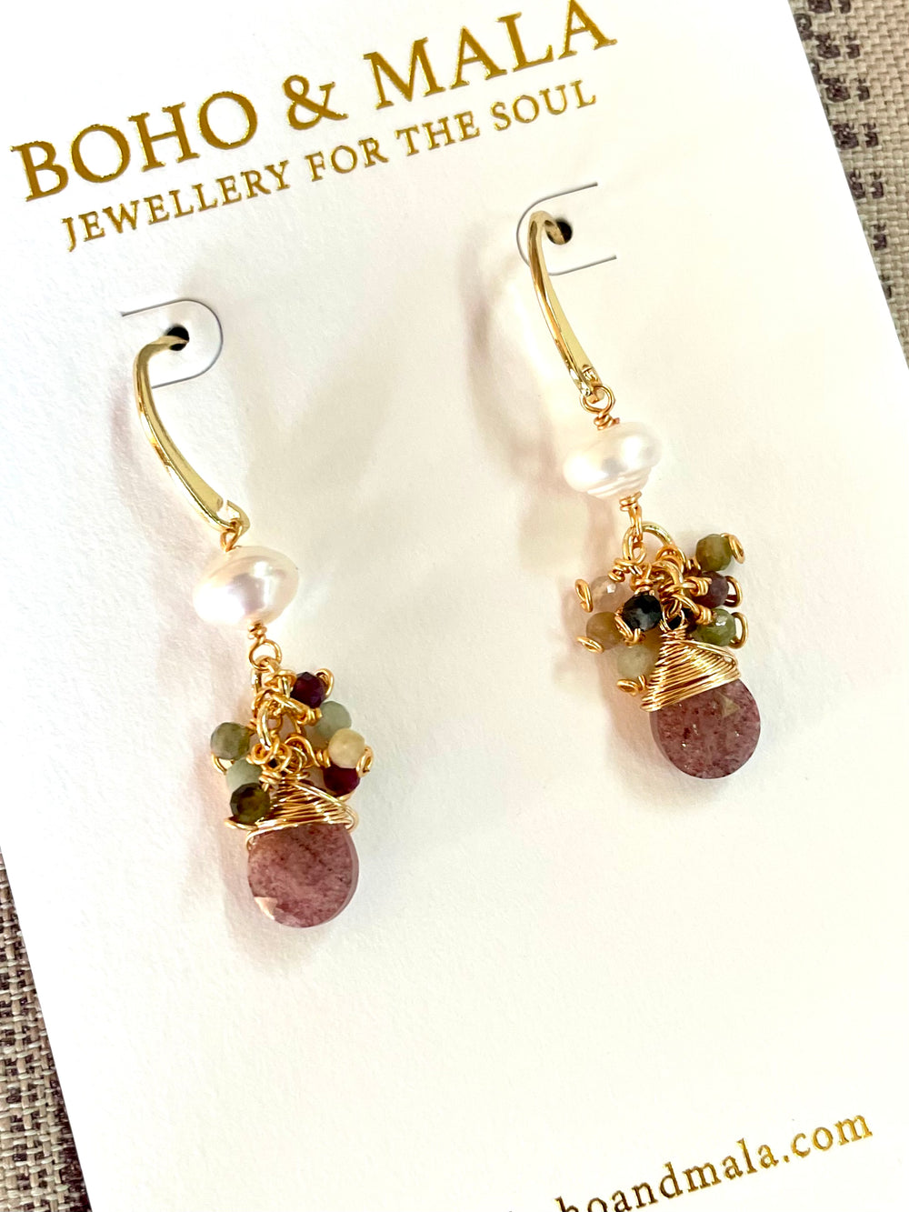 Boho & Mala Natural Stone & Pearl Gold Plated Drop Earrings