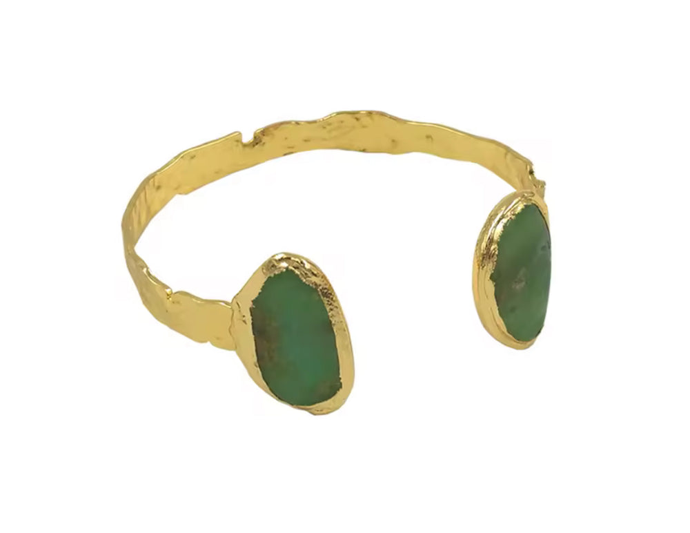 Free Spirit Boho Brass & Gold Natural Green Stone Cuff Bracelet