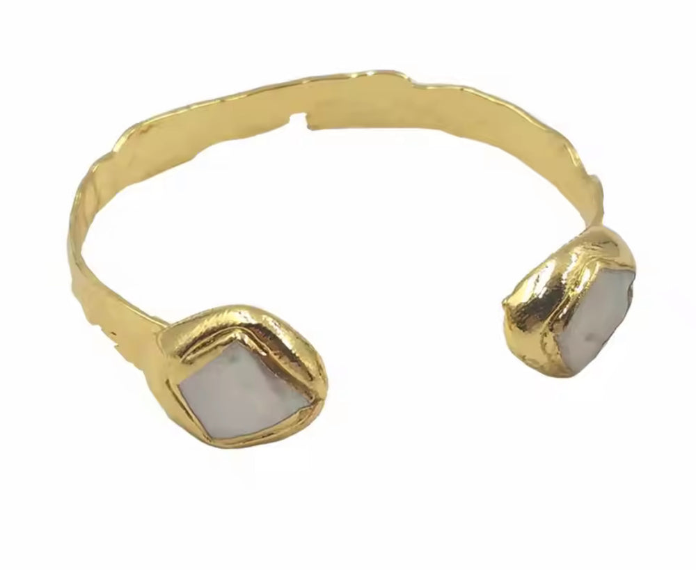 Free Spirit Boho Brass & Gold Natural Freshwater Pearl Cuff Bracelet