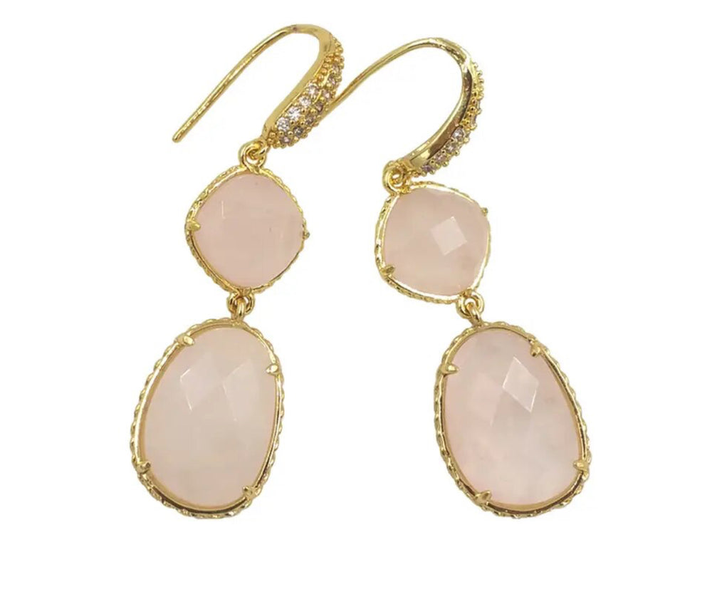 Boho & Mala Rose Quartz Natural Stone Gold Plated Drop Earrings