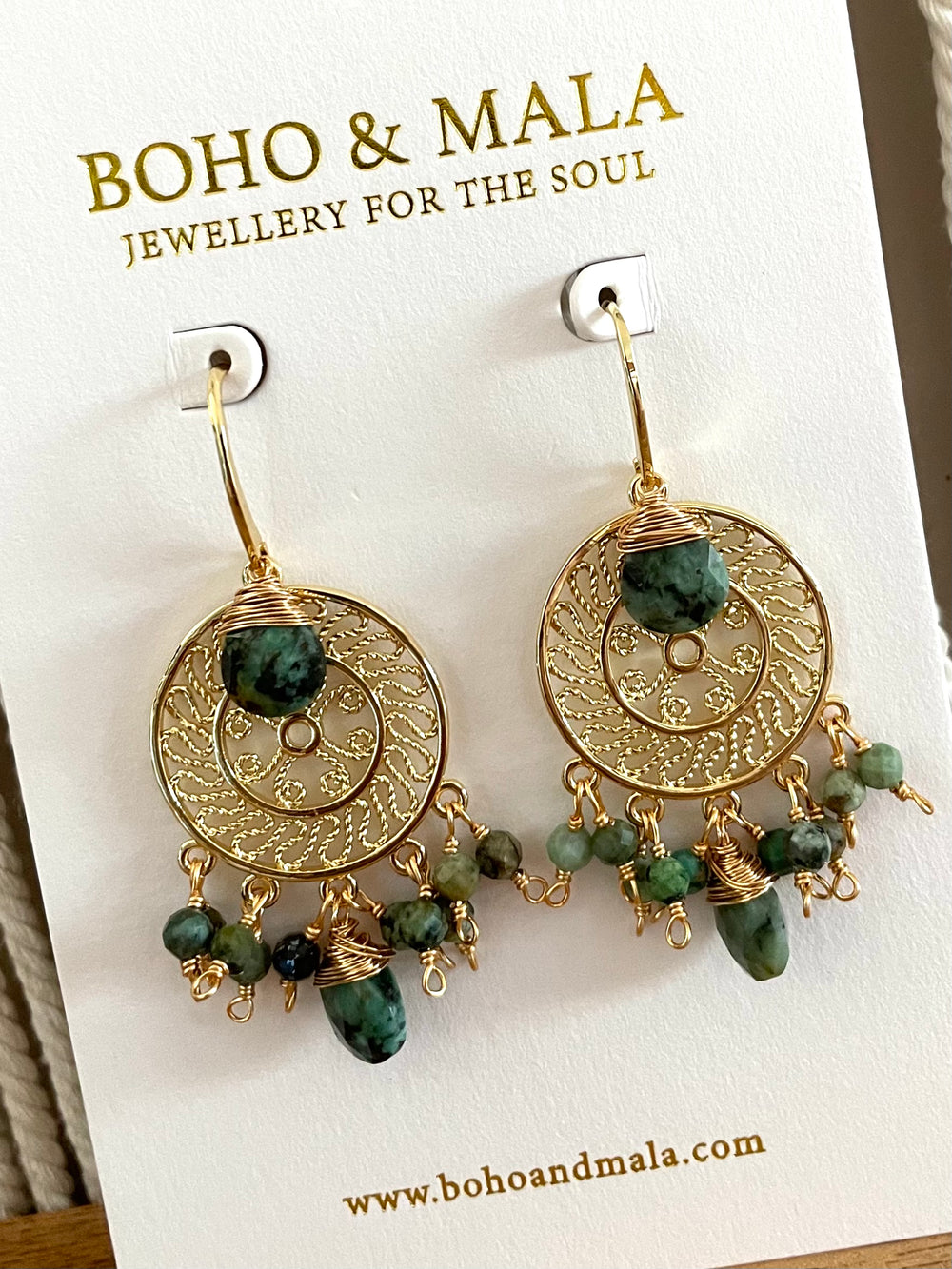 Boho & Mala Green Natural Stone Dreamcatcher Gold Plated Drop Earrings