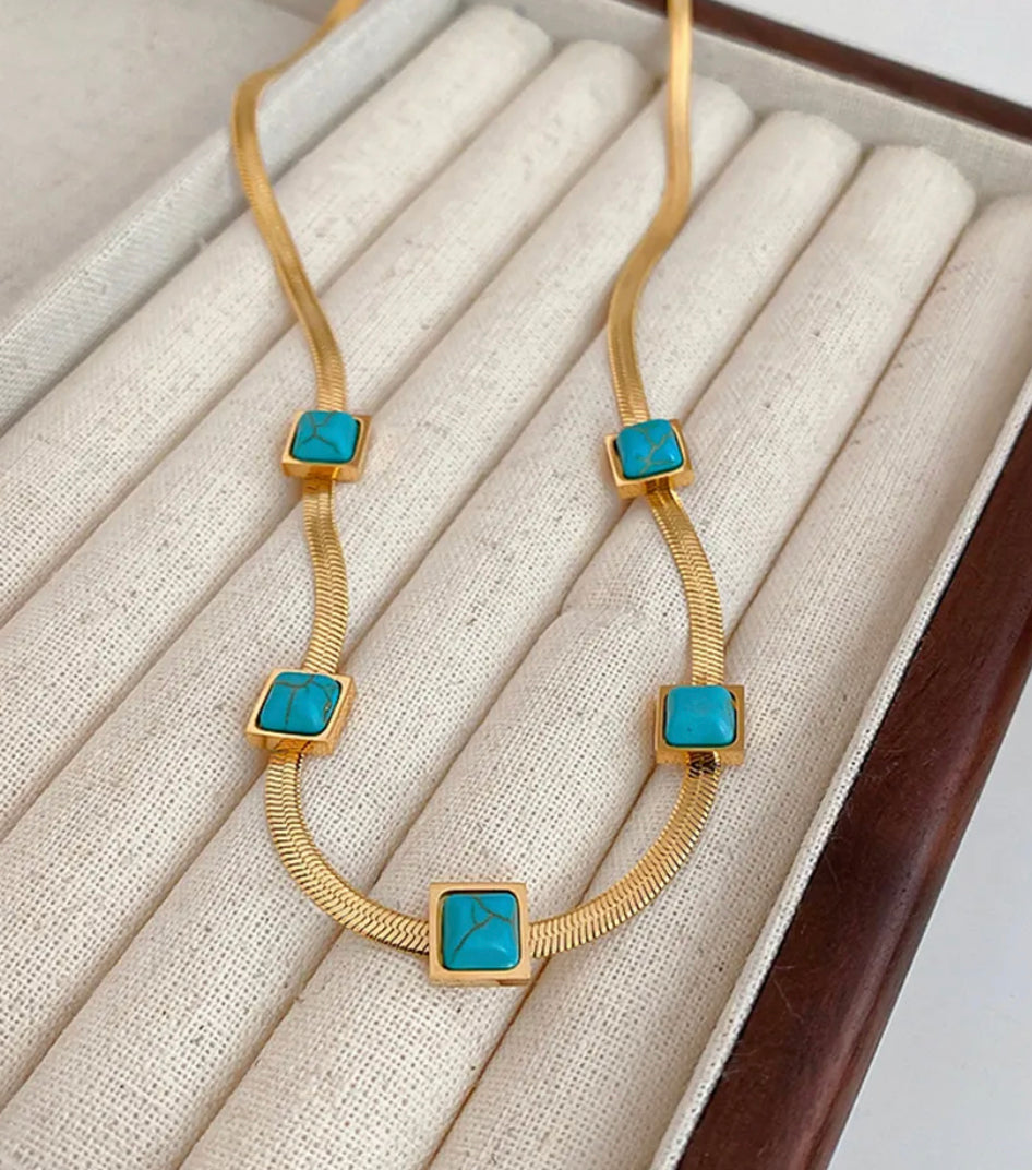 Boho & Mala Blue Stone Stainless Steel/18k Gold Plated Pendant Necklace