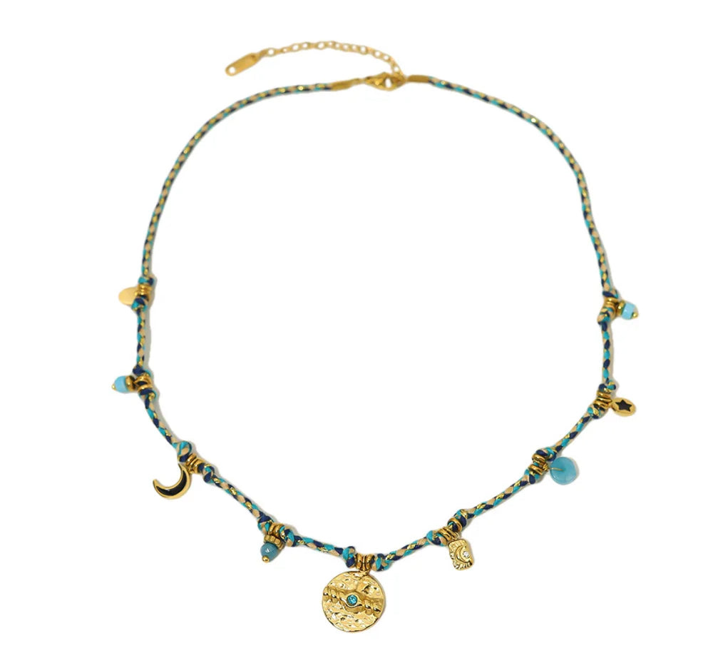 Boho & Mala Blue Stainless Steel/18k Gold Plated Pendant Necklace
