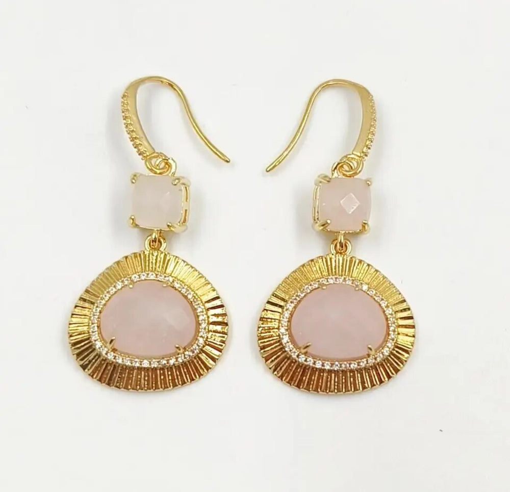 Boho & Mala Rose Quartz Natural Stone Gold Plated Drop Earrings